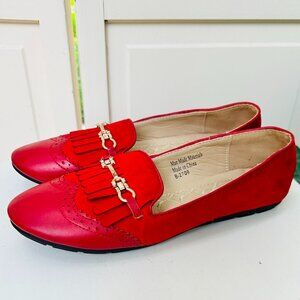 Victoria K Loafers Red Leather Tasseled Loafer Shoe Bright Red Flats Silver